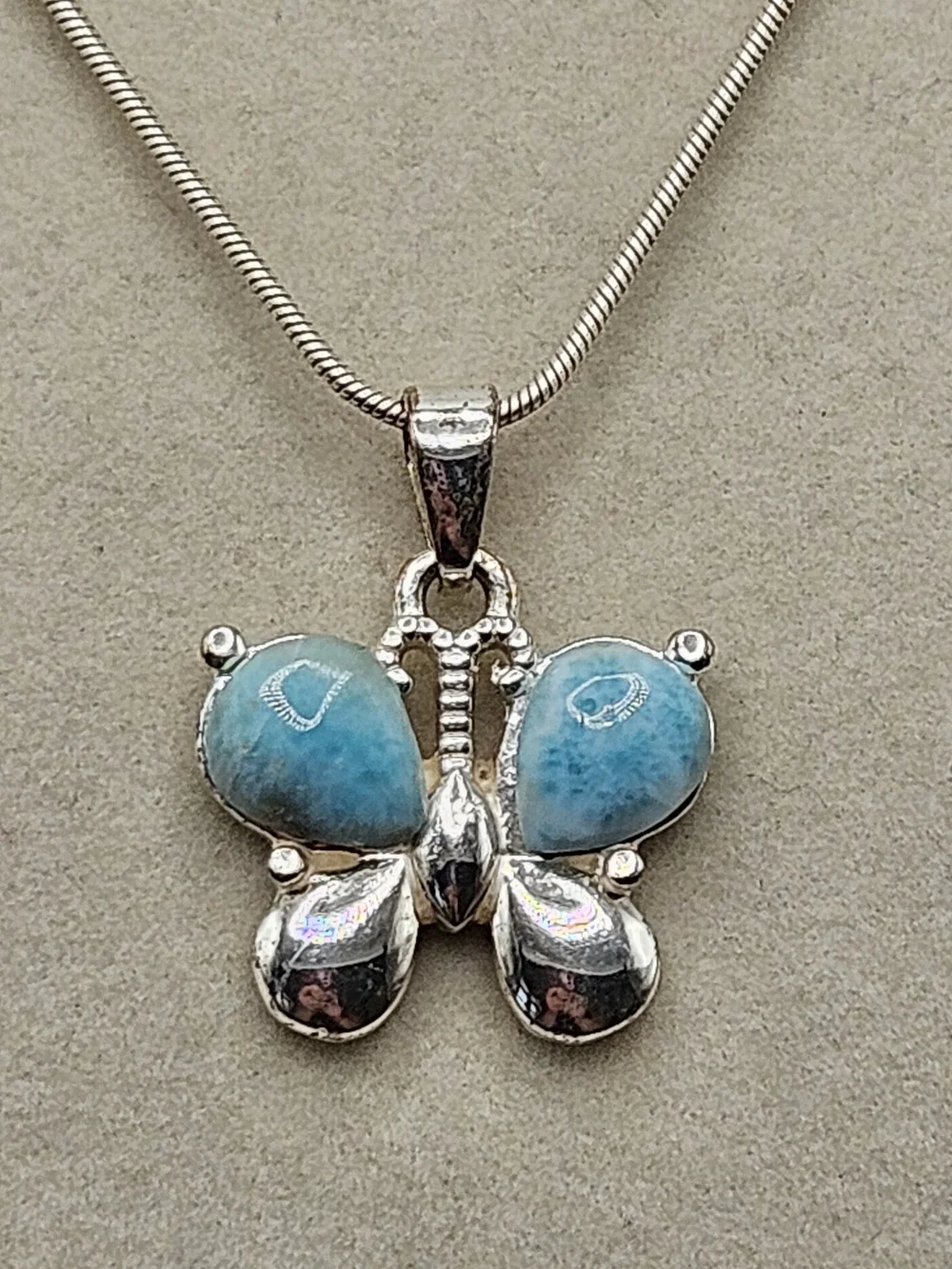 VINTAGE Sterling Silver 925 Larimar Butterfly Pendant Snake Chain Necklace